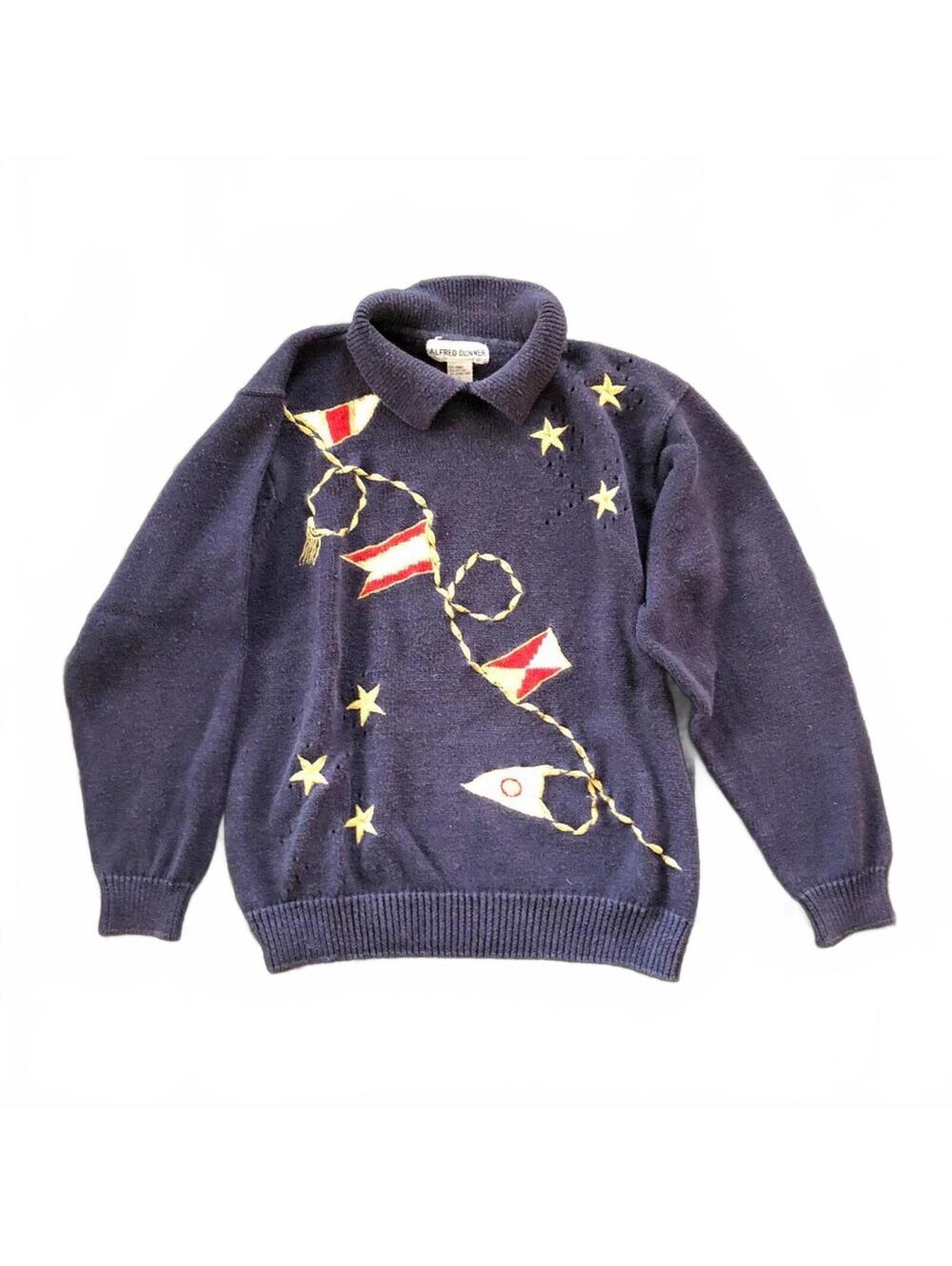 Alfred Dunner Navy Blue Pullover Sweater with Nautical Flags and Stars